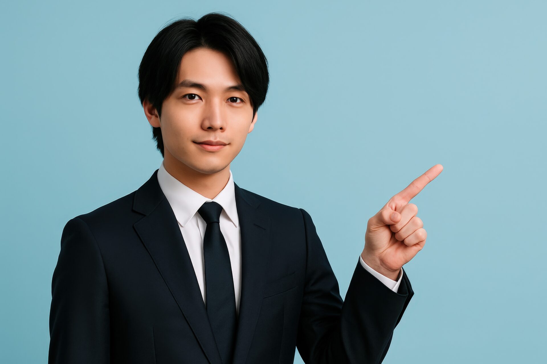 スーツ姿の若い男性が指をさす
