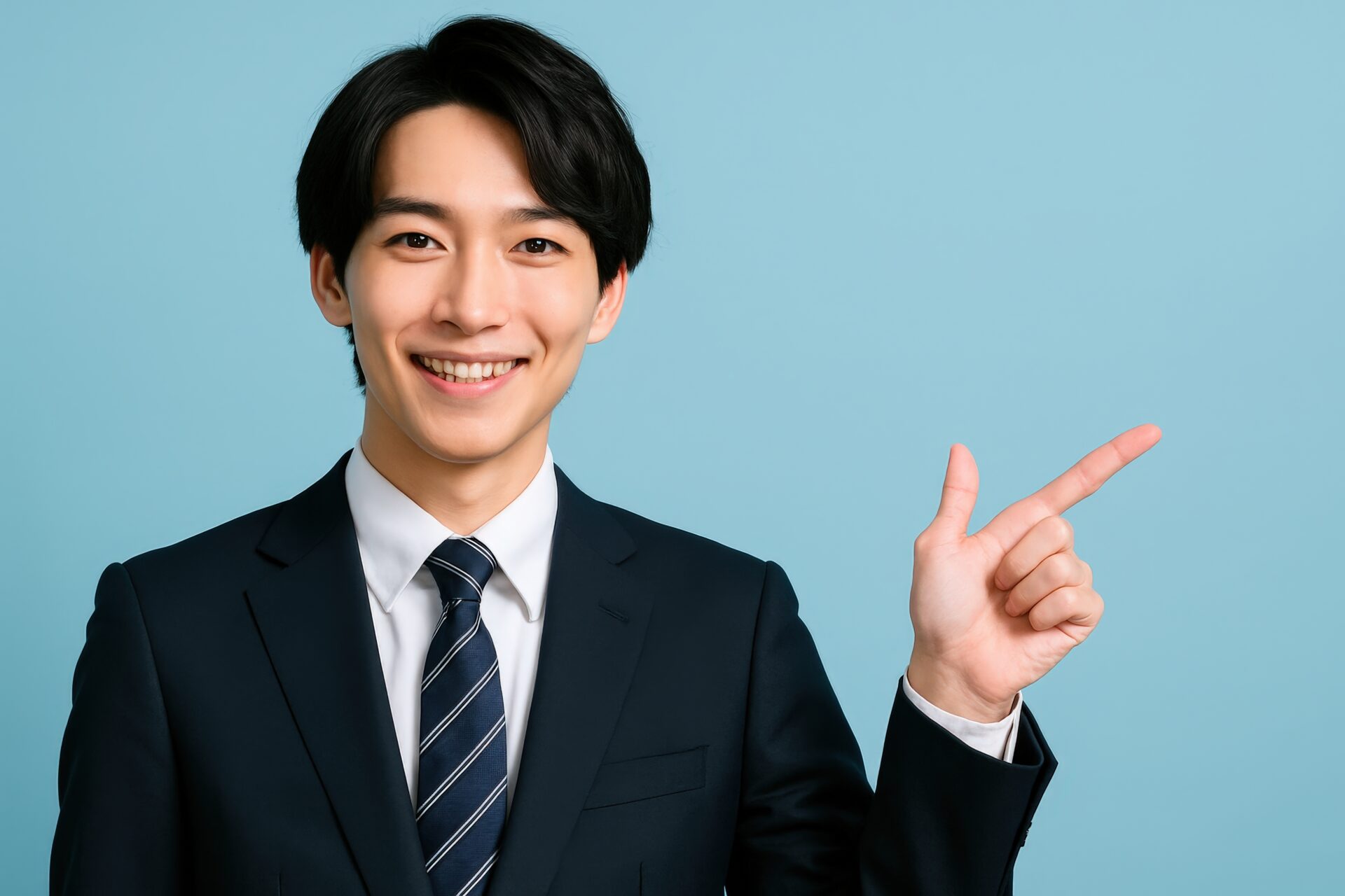 水色背景で右手を指差すスーツ姿の若い男性
