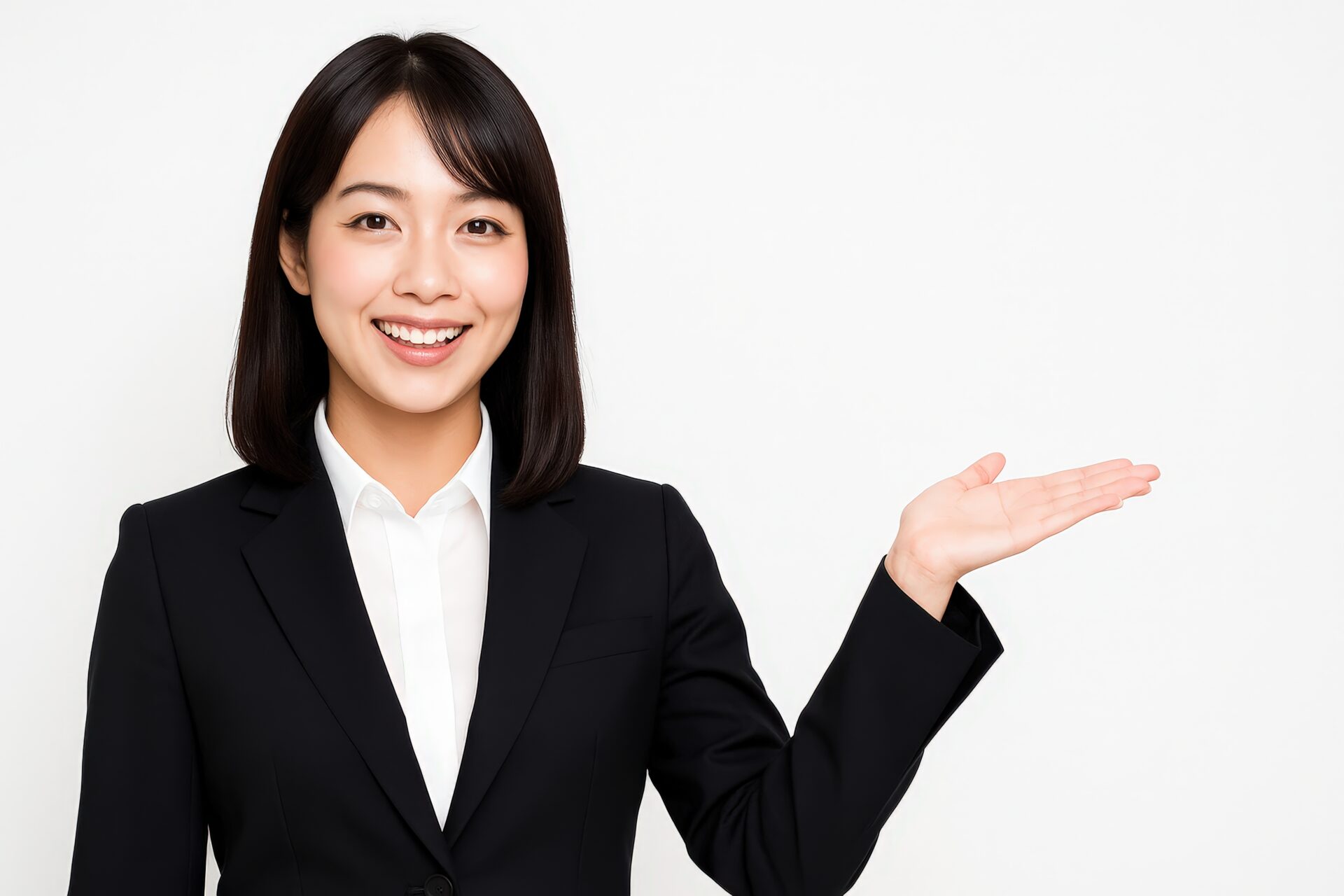 白背景で右手を広げて案内するスーツ姿の女性
