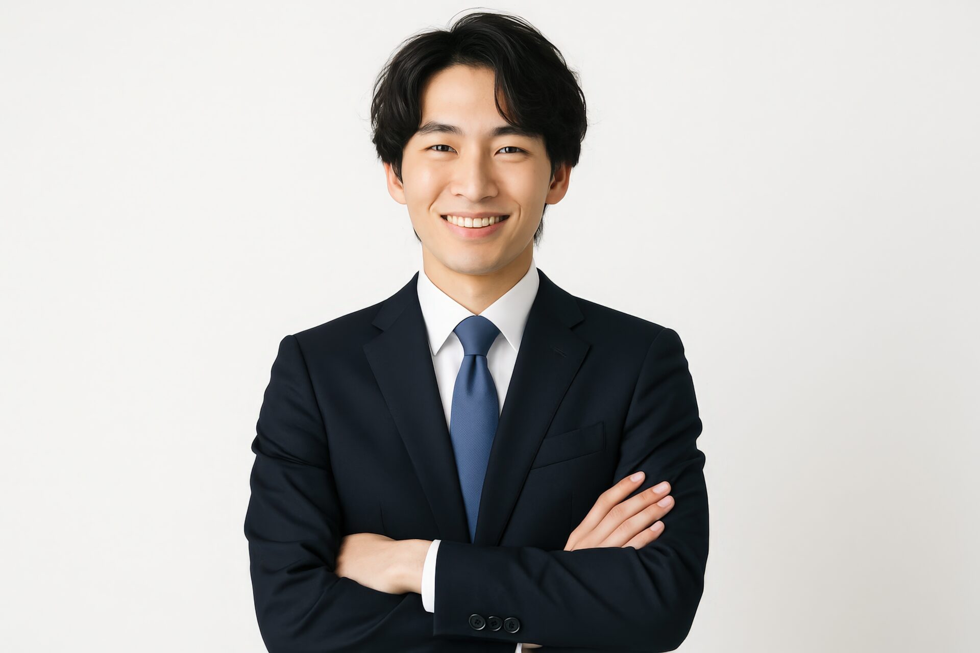腕を組んで笑顔を見せるスーツ姿の若い男性（白背景）