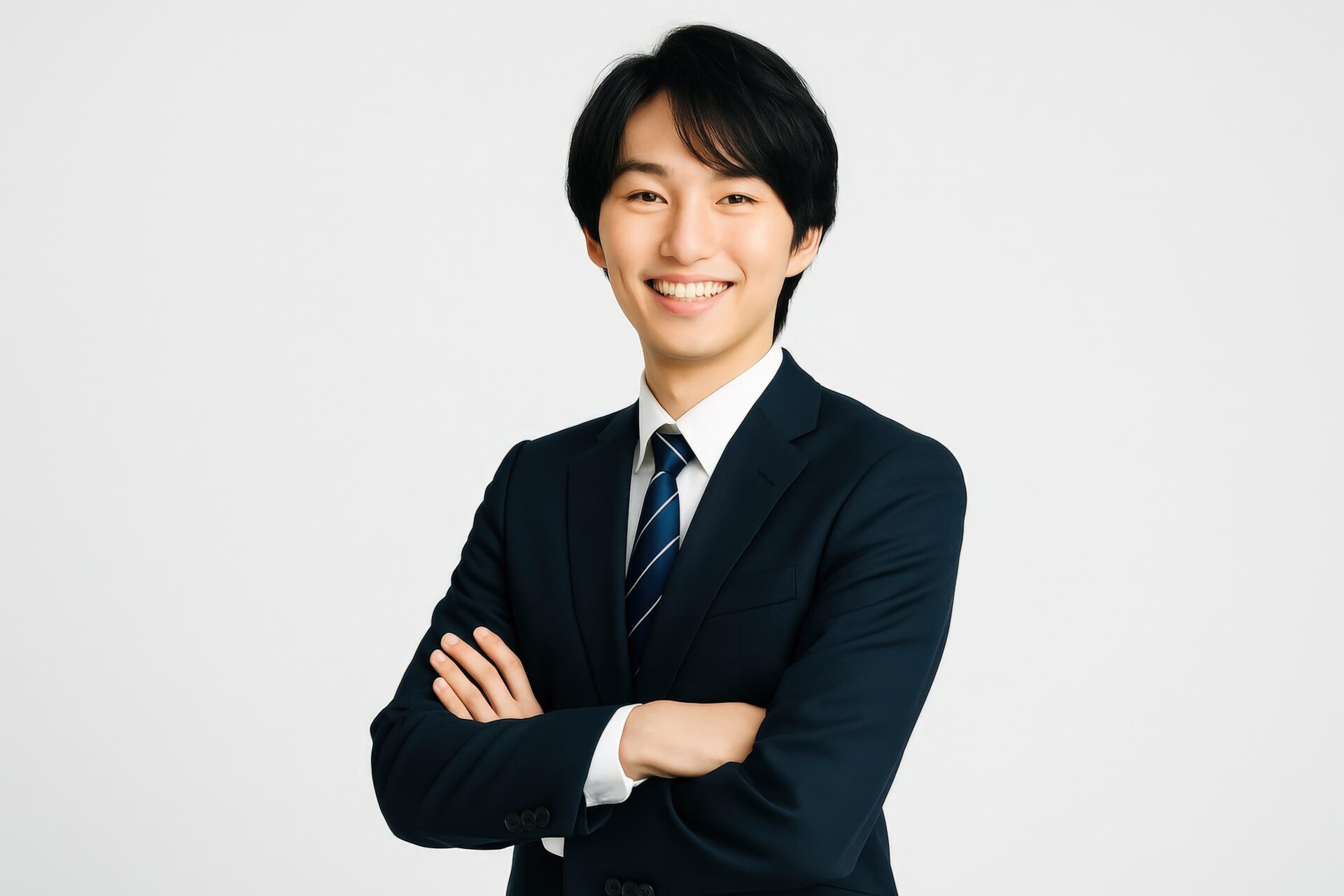 腕を組んで前を見つめるスーツ姿の若い男性（白背景）