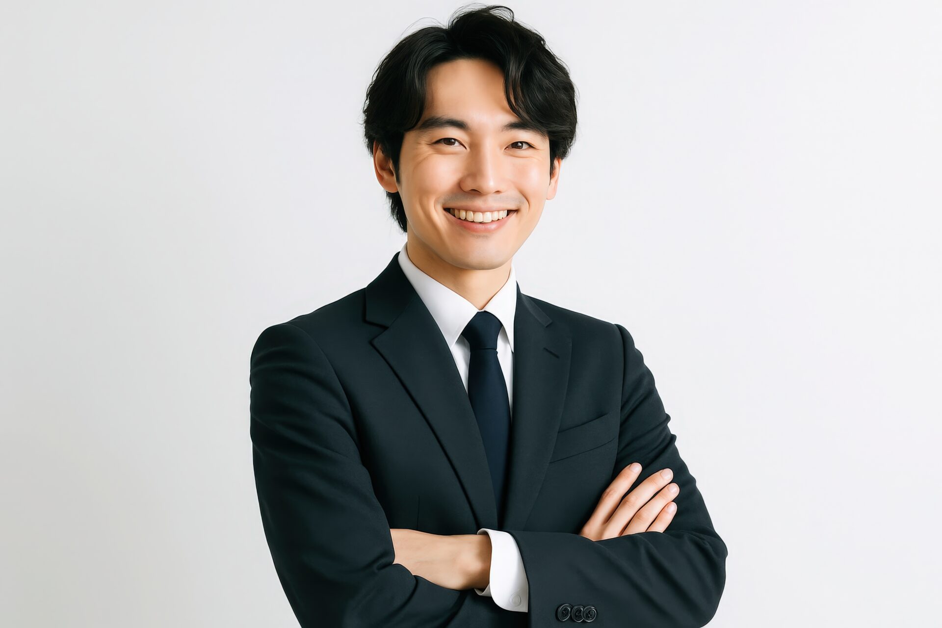 腕組みポーズで笑顔を見せるスーツ姿の男性（白背景）