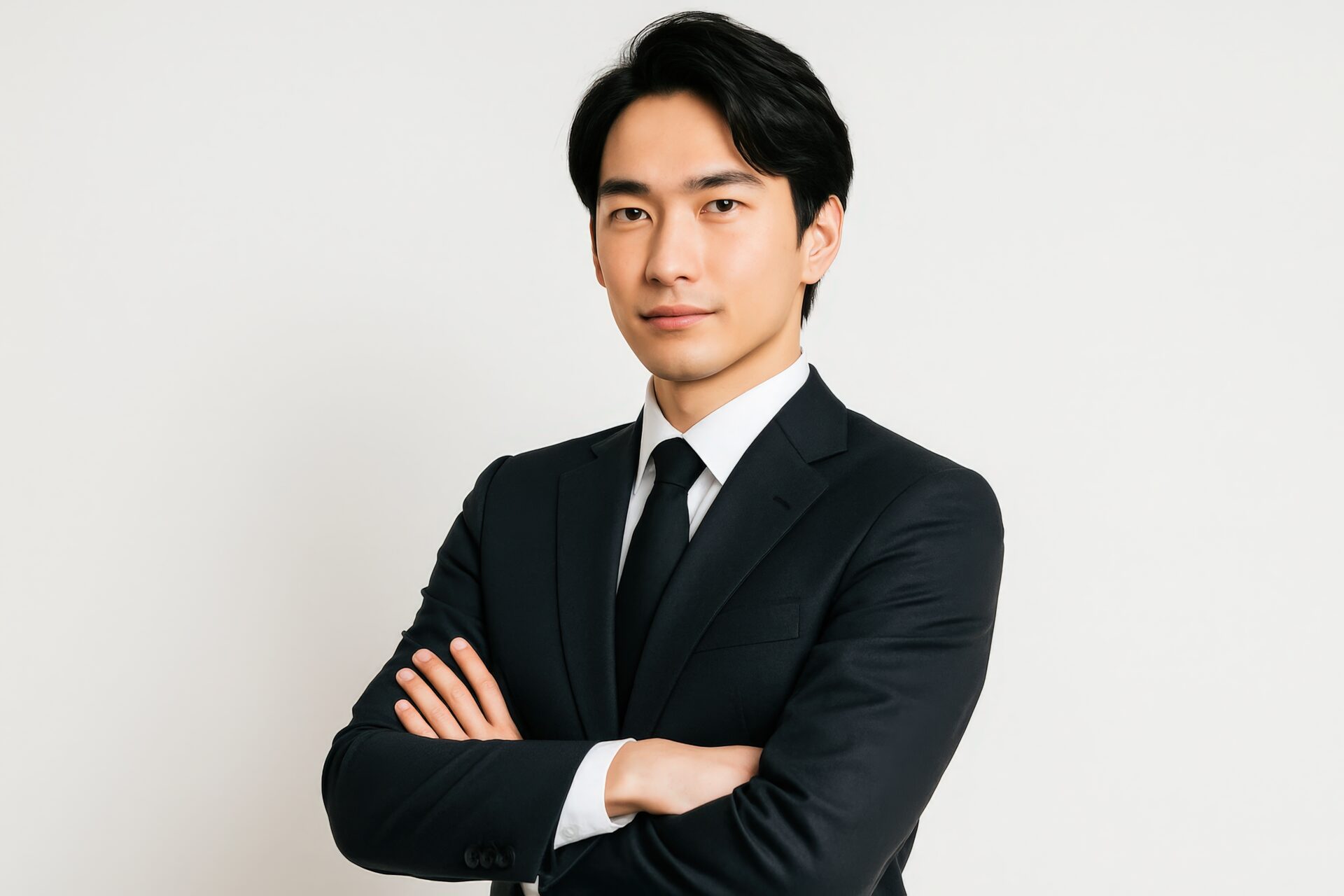 腕を組んで真剣な表情のスーツ姿の男性（白背景）