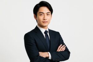 腕組みで真剣な表情のスーツ姿の男性（水色背景）