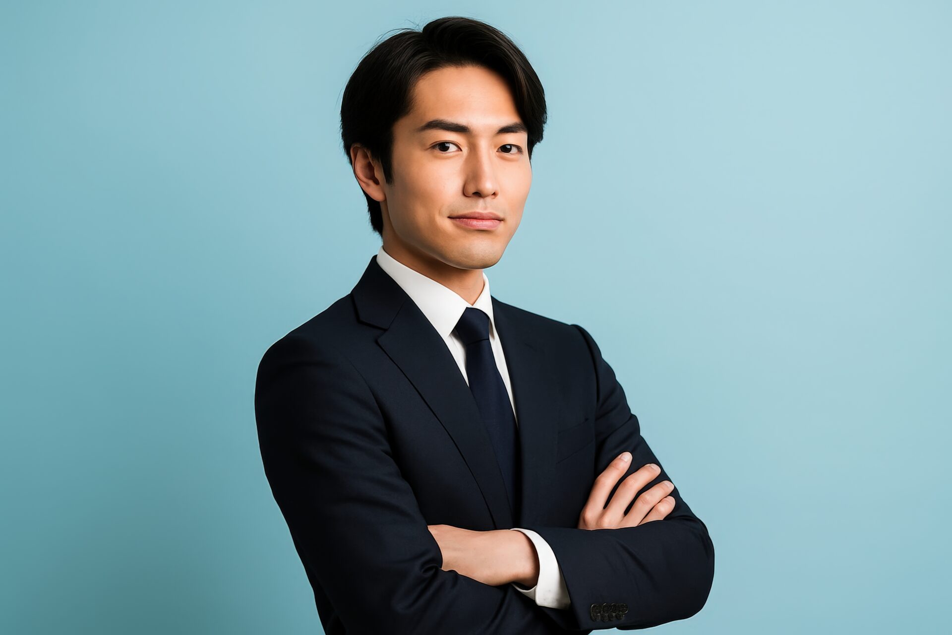 腕組みで正面を見るスーツ姿の若い男性（水色背景）