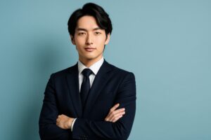 腕組みポーズのビジネスマン（水色背景）