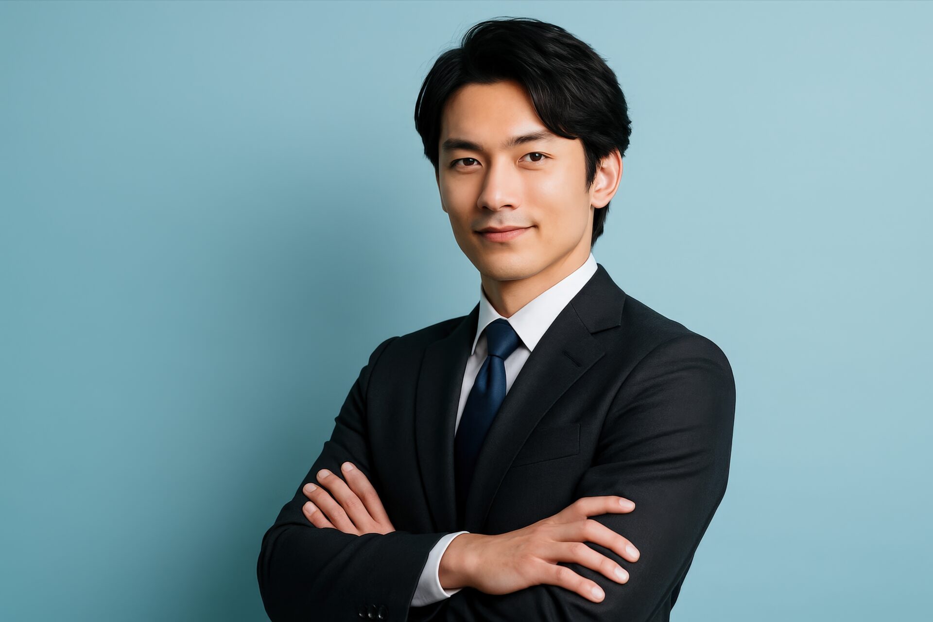 腕を組んで優しい表情を浮かべるスーツ姿の男性（水色背景）
