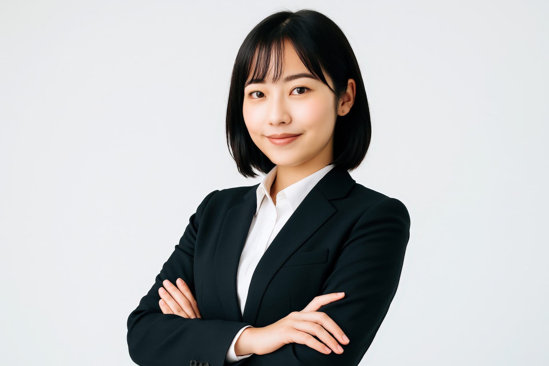 腕を組んで微笑むスーツ姿の若い女性（白背景）