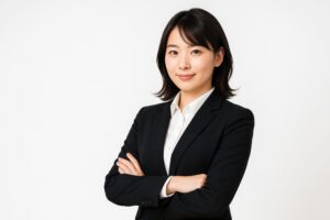 スーツ姿で腕を組み前を見つめる若い女性（白背景）