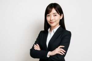 スーツ姿の若い女性が腕を組み落ち着いた表情（白背景）