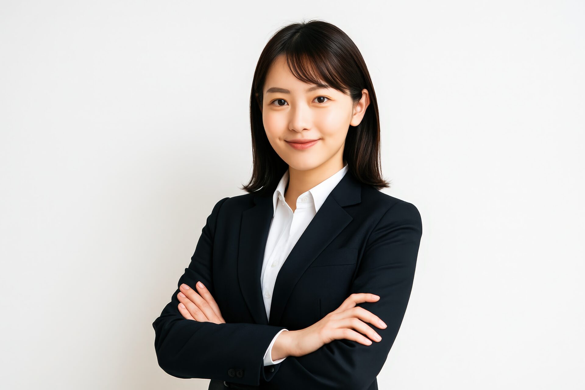 スーツ姿で自然な笑顔を見せる女性（白背景）