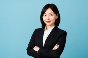 水色背景で腕を組んだスーツ姿の若い女性