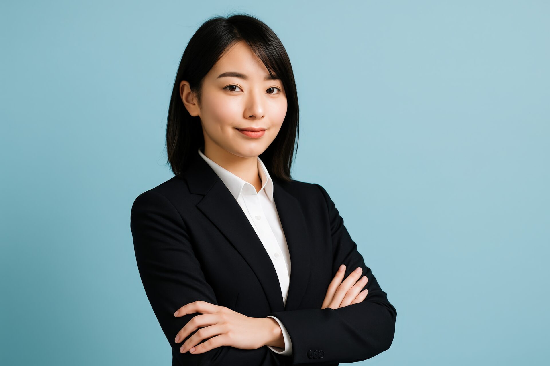 水色背景で落ち着いた表情のスーツ姿の女性