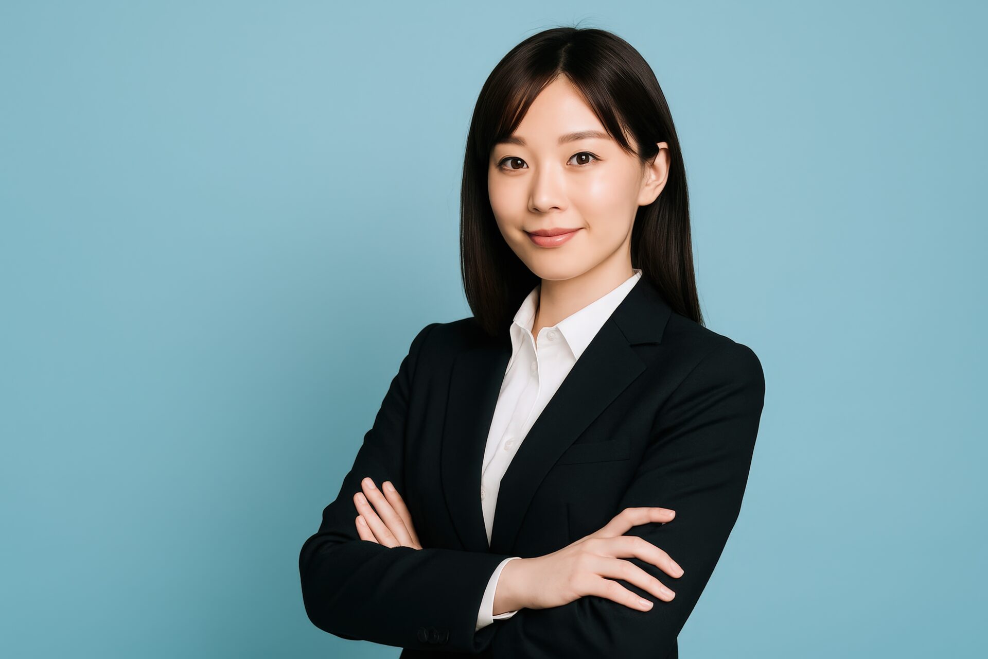 水色背景で微笑むスーツ姿の若い女性