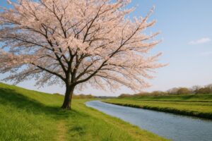 河川敷に咲く満開の一本桜と青空