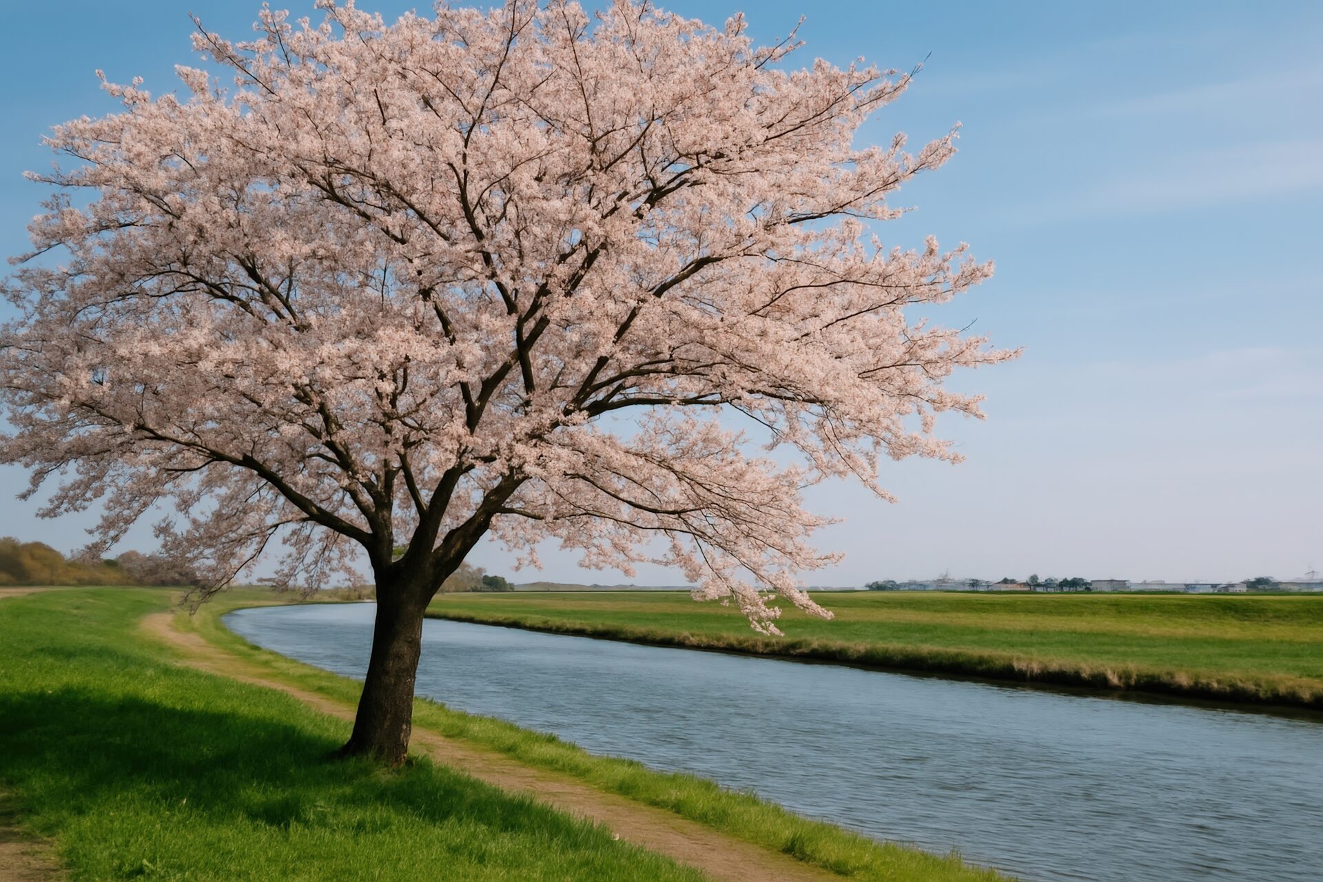 川沿いに咲く一本桜と春の風景