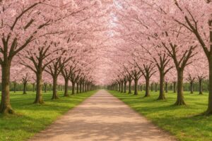 両側に桜が咲き並ぶ桜並木とまっすぐな道
