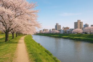 川沿いに咲き誇る桜並木と都市の風景