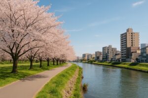 川と並ぶ桜並木と街並みの春景色