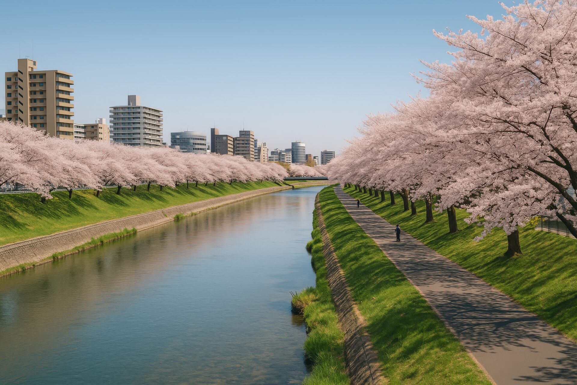 両岸に広がる満開の桜と都市の川風景