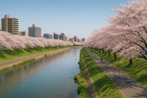 両岸に広がる満開の桜と都市の川風景