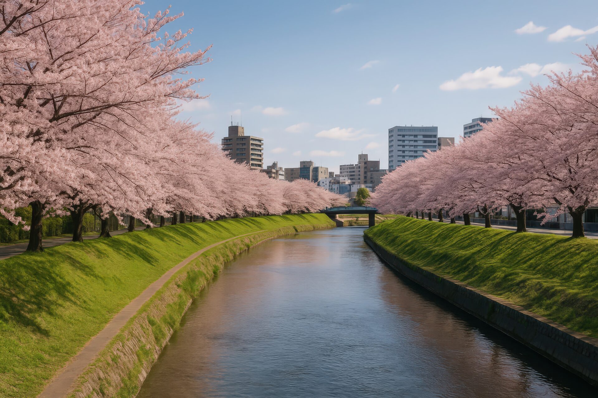 青空の下、川を挟んで広がる桜並木とビル群