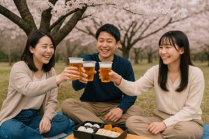 桜の下で乾杯する3人の若者たち