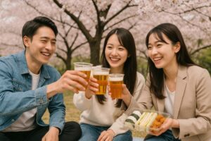 桜の木の下でビールを手に笑顔の若者たち