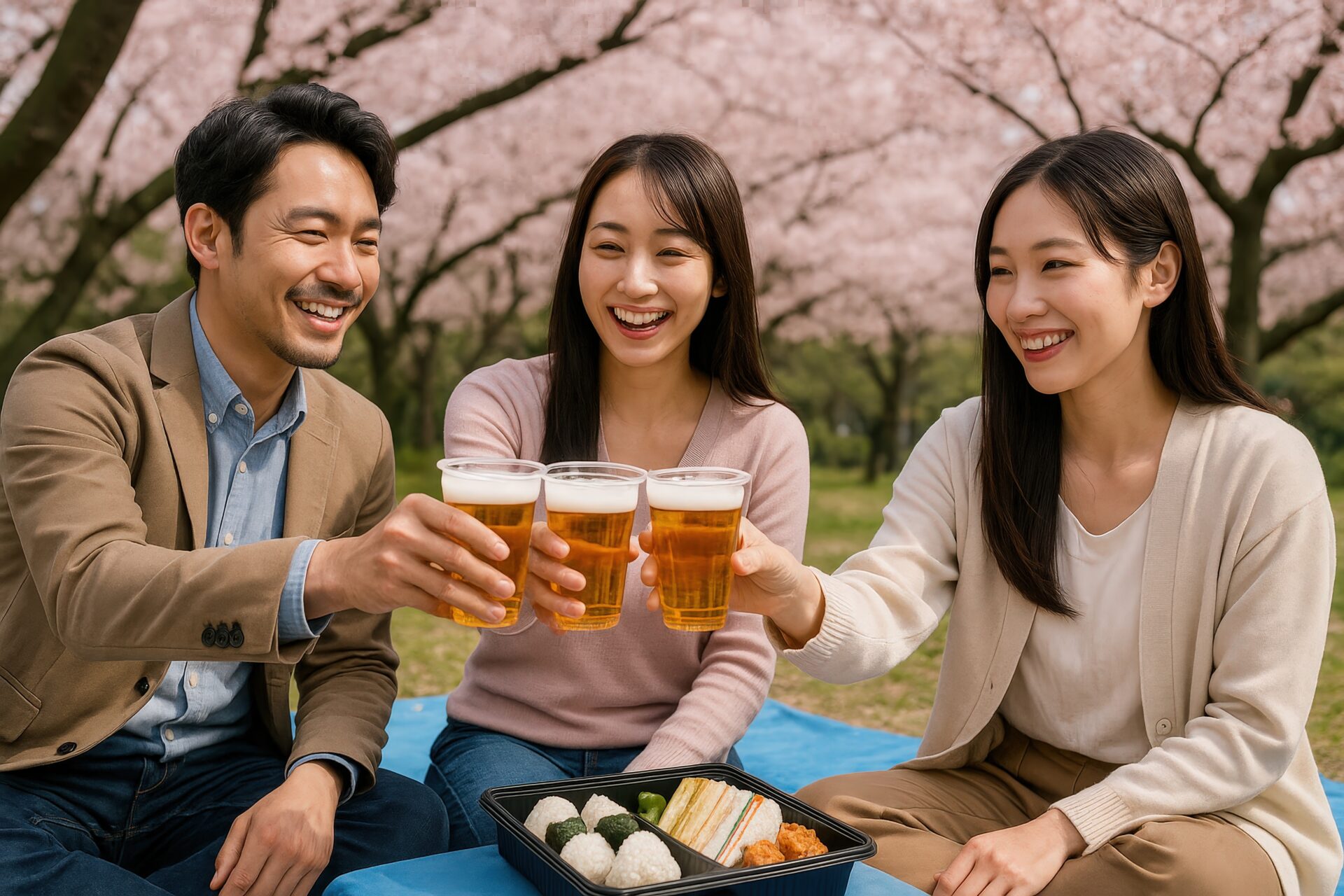 桜の下で楽しく乾杯する若者グループ
