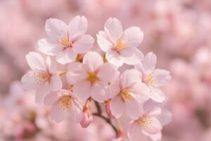 柔らかな光の中で咲く桜の花アップ