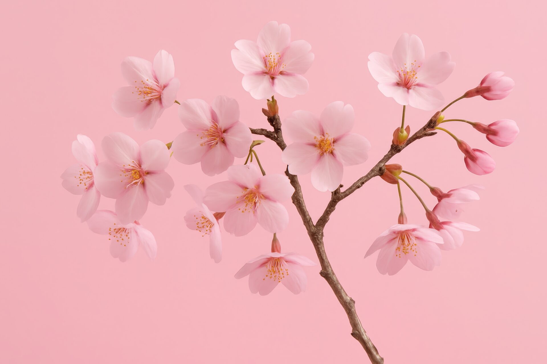 優しいピンク背景に映える桜の枝