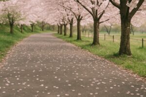 桜の花びらが舞う並木道