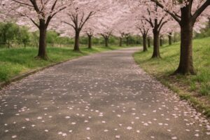 舗道に舞い落ちた桜の花びらと並木道