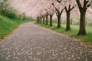 桜の花びらが舞い落ちた春の並木道