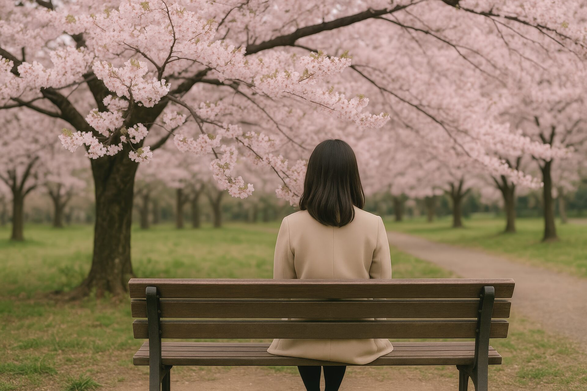 桜並木を見つめるベンチに座る後ろ姿の女性