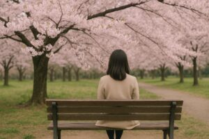 桜並木を見つめるベンチに座る後ろ姿の女性