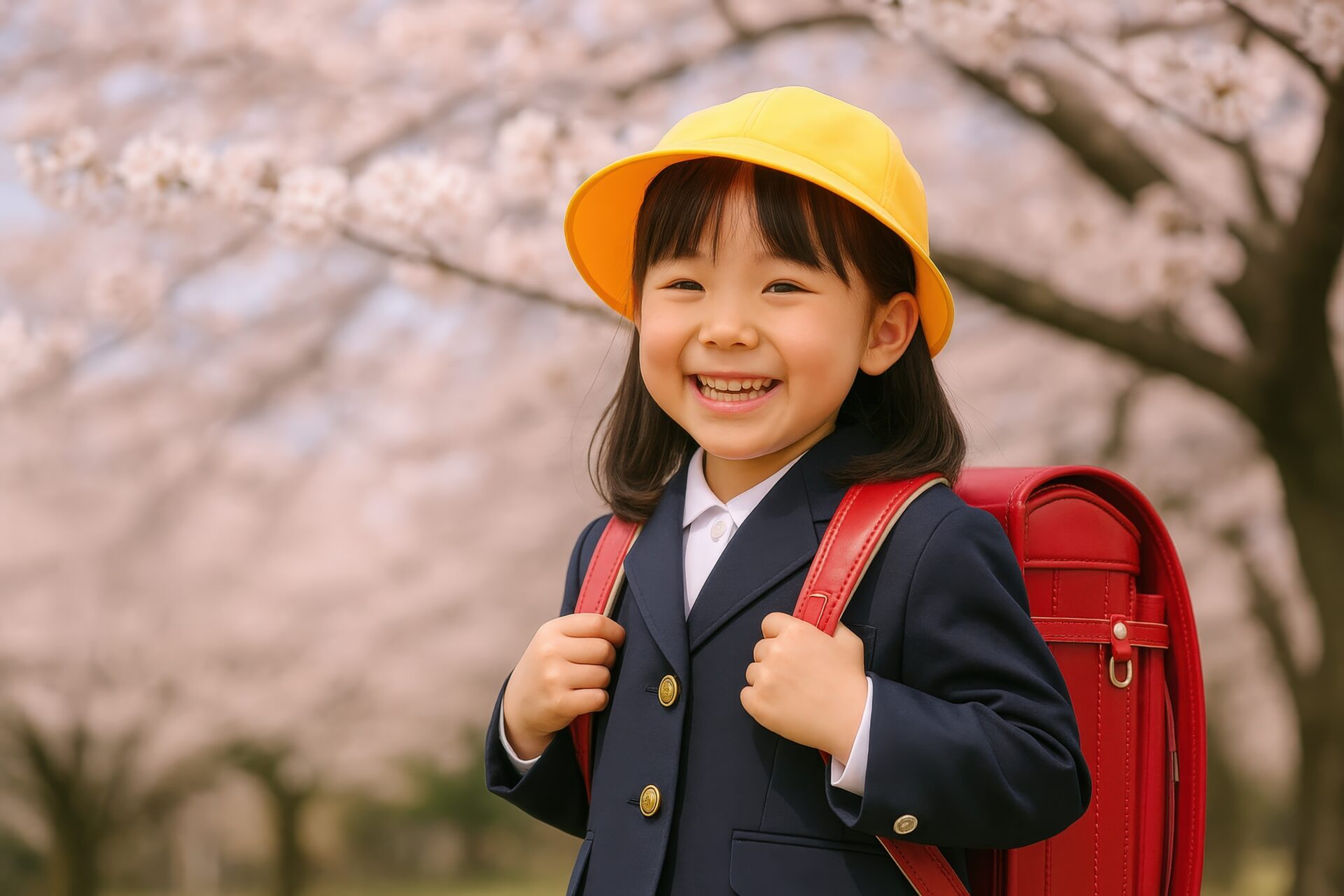 桜の下で笑顔を見せる新入学の女の子
