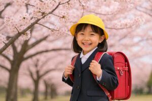 桜の木の下で笑顔のランドセル姿の女の子