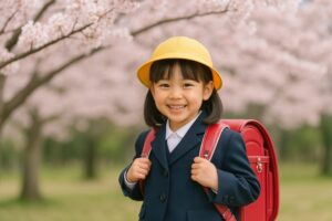 桜並木を背景に笑顔の小学生の女の子