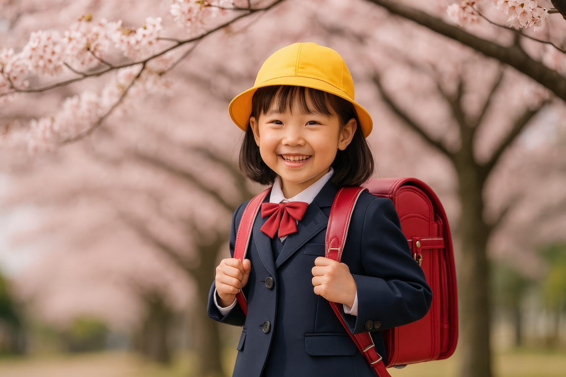 桜とランドセルが似合う新入学の女の子