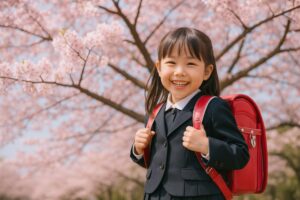 桜のトンネルの中で笑顔の女の子