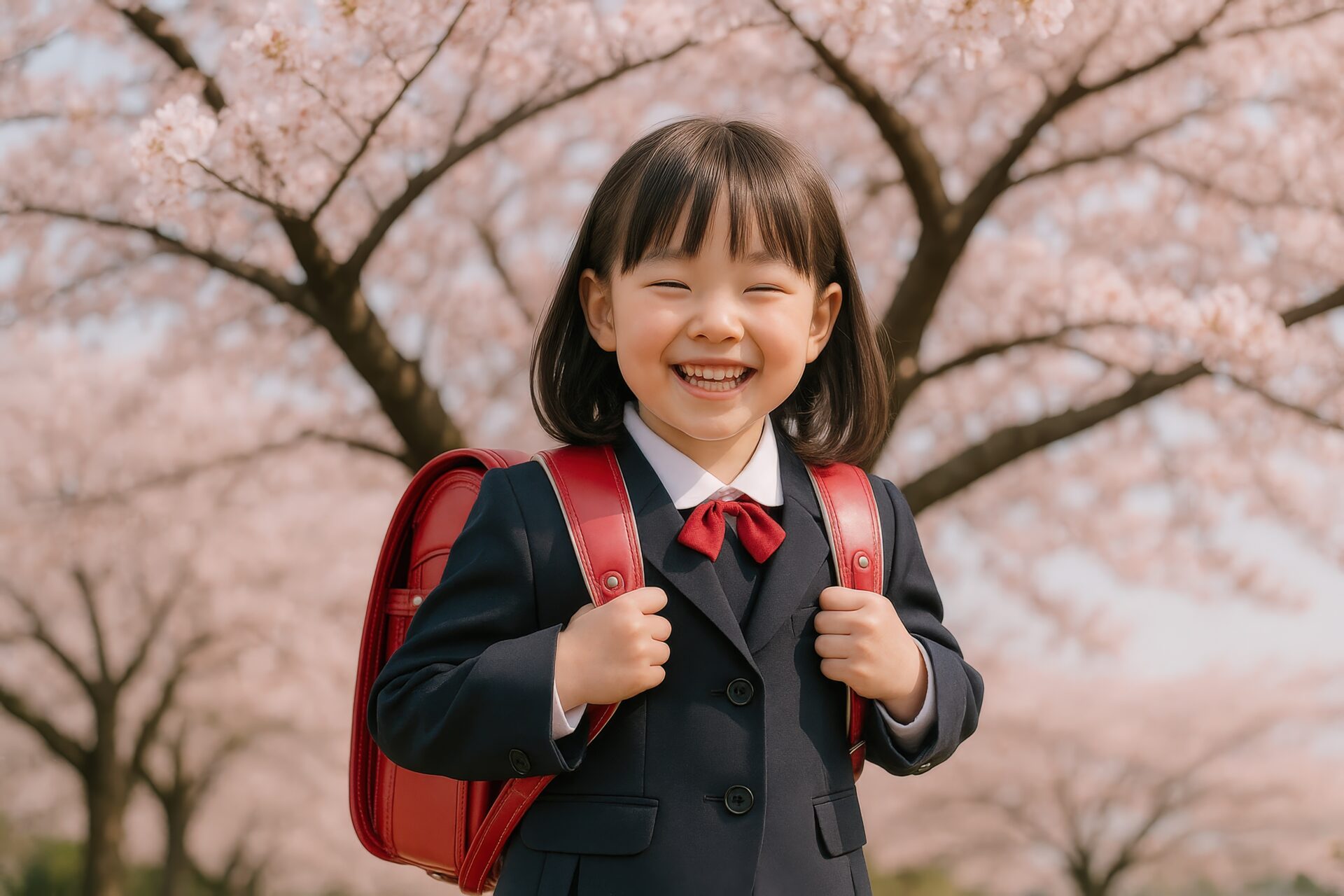 桜の下でランドセルを背負う笑顔の女の子
