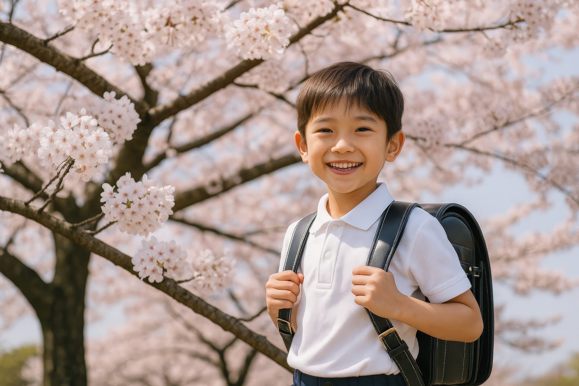桜の中でランドセル姿の笑顔の男の子