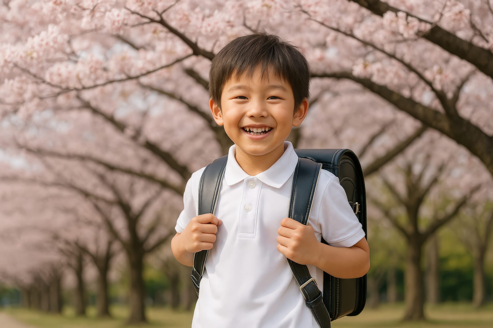 桜並木の中でランドセルを背負う男の子