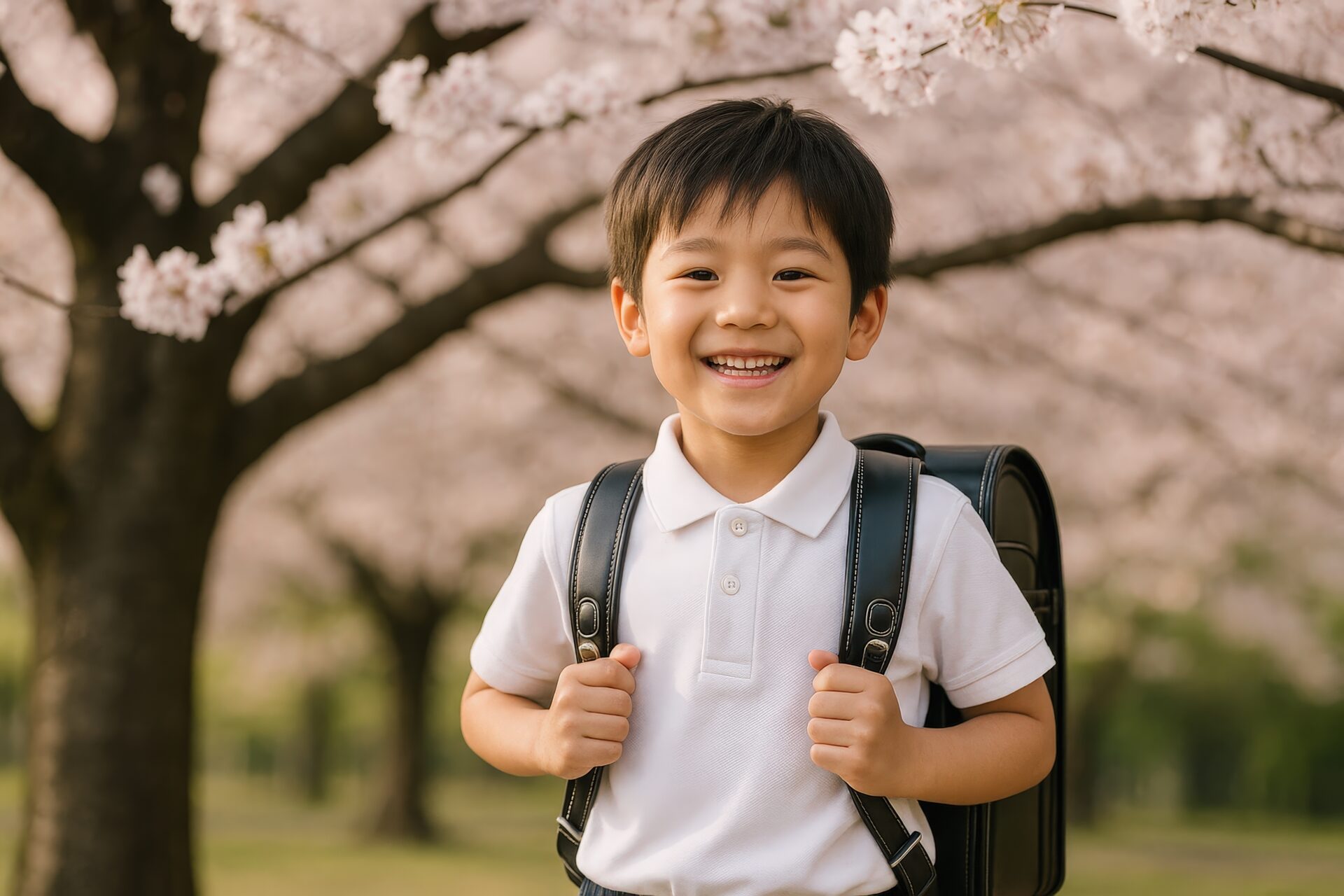 ランドセルを背負って桜並木で笑顔の男の子