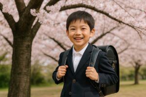 桜並木で制服を着た男の子の入学記念