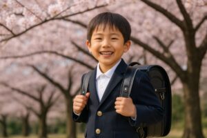 桜のトンネルの中でランドセルを背負う男の子