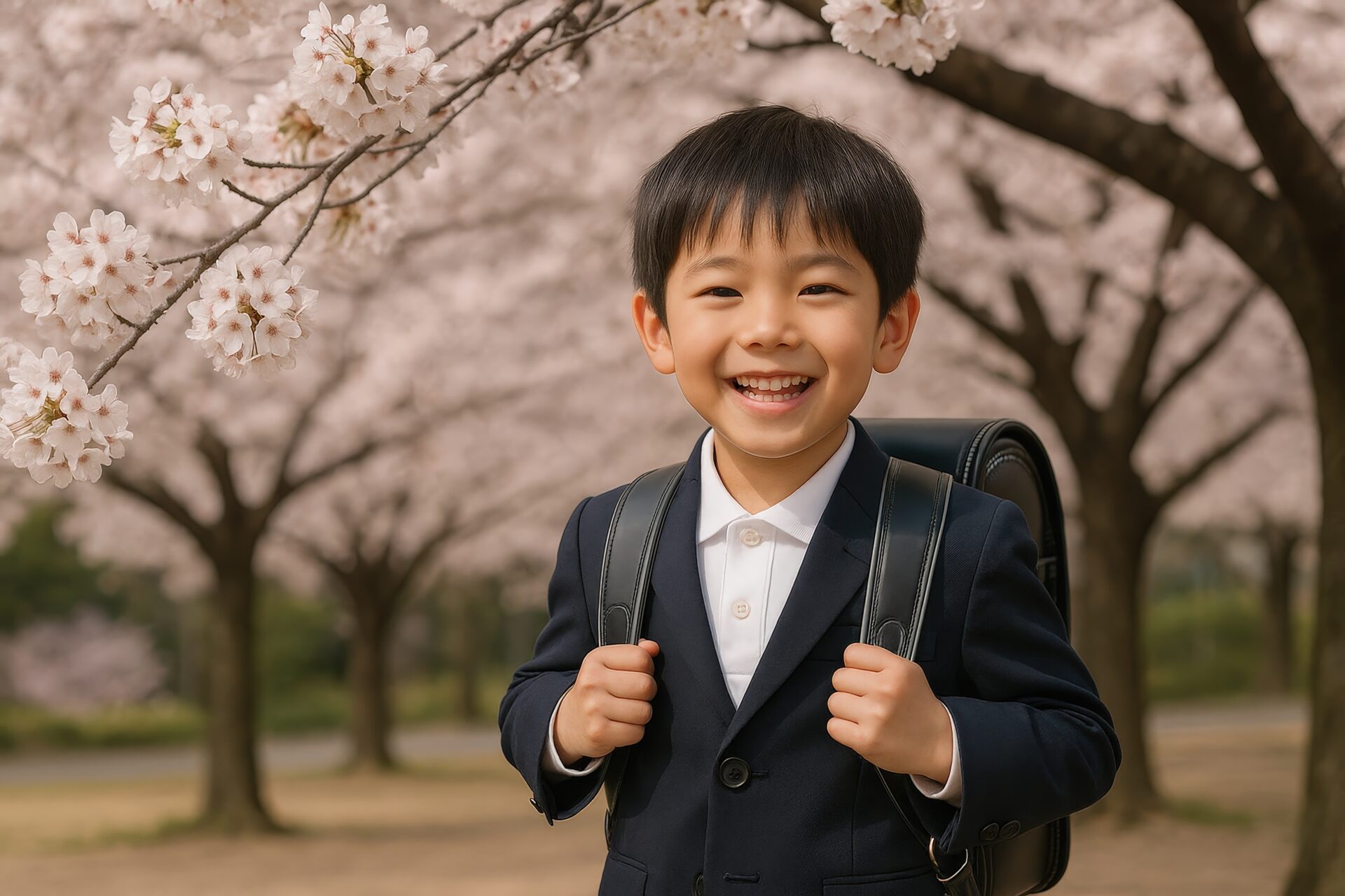 満開の桜の下で笑顔の新一年生の男の子
