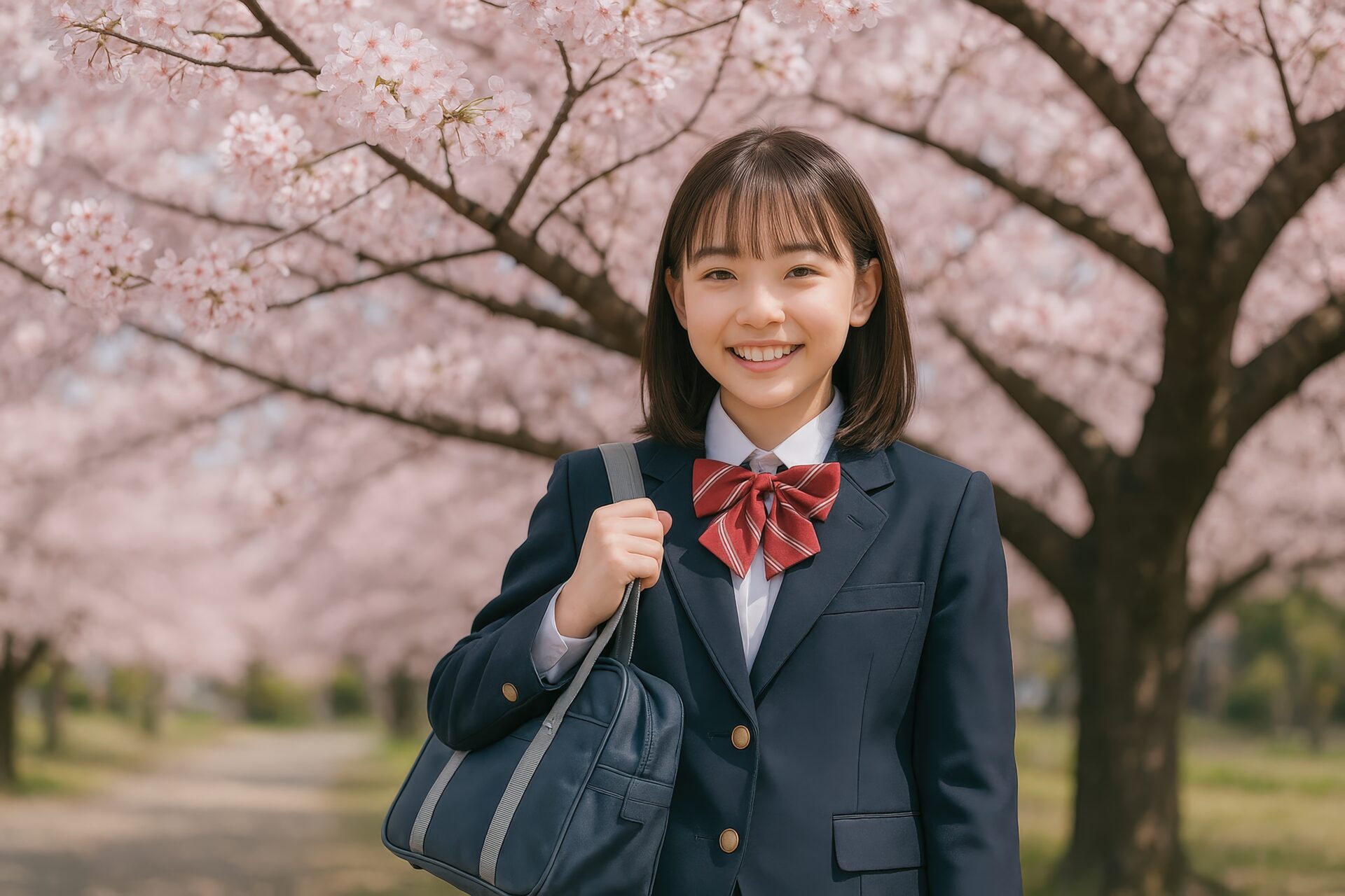 桜の木の下で通学バッグを持つ女子中学生