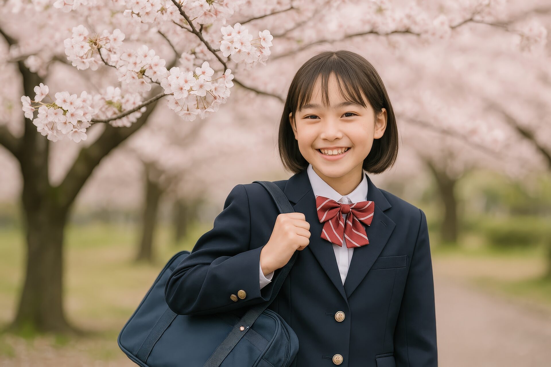 満開の桜並木を背景にした制服姿の女子学生
